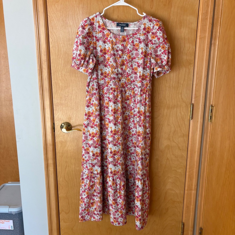 ModCloth Midi Dress Womens S Pink Orange Floral Tiered Cotton Puff Sleeve Pocket